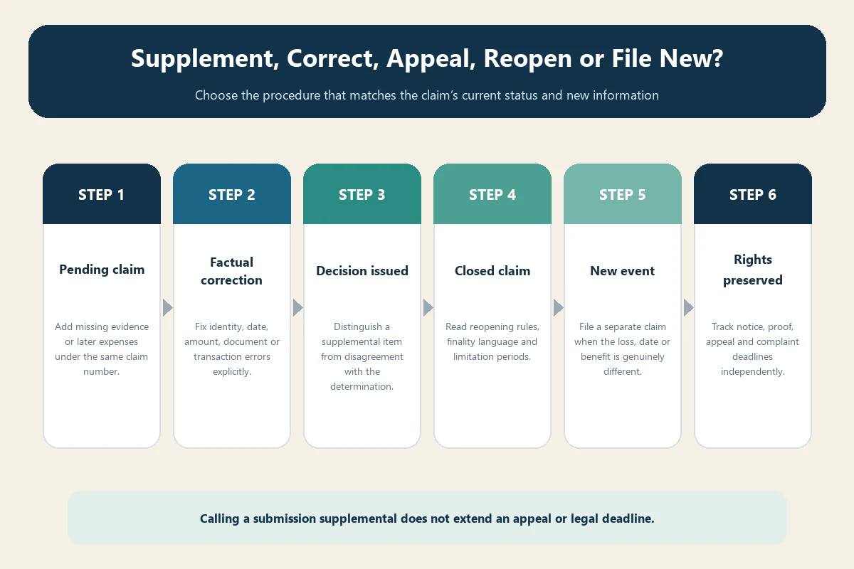 Decision tree for supplementing, correcting, appealing, reopening, or filing a new travel claim