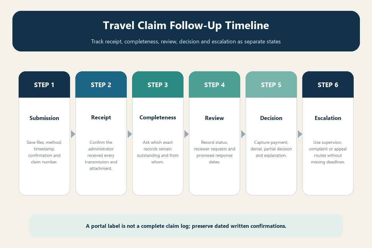 Travel insurance claim follow-up timeline from submission to completeness, review, decision, and escalation
