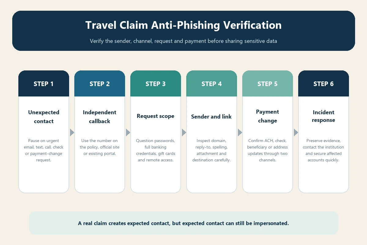 Travel claim anti-phishing verification steps for sender, channel, request, and payment