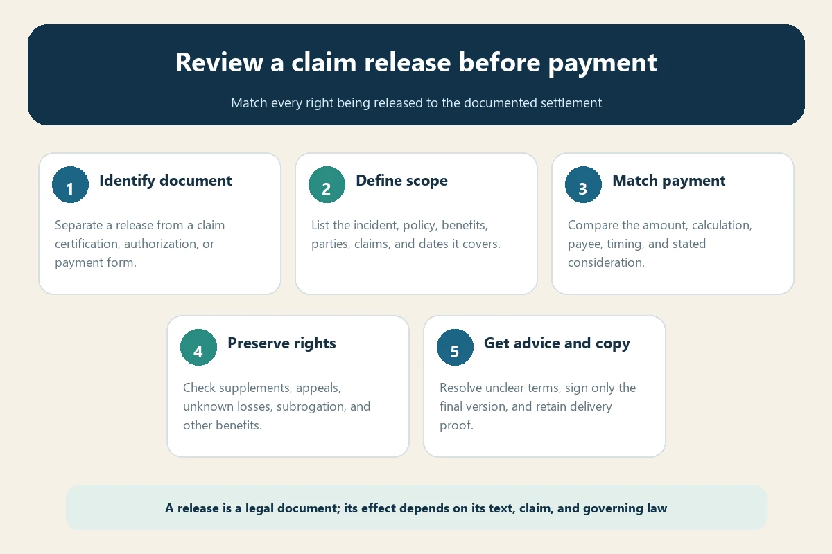 Travel insurance claim release review flow covering document scope payment remaining rights and advice