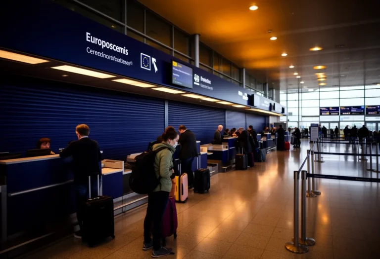 Travelers with suitcases standing in a quiet airport check-in hall beside closed desks