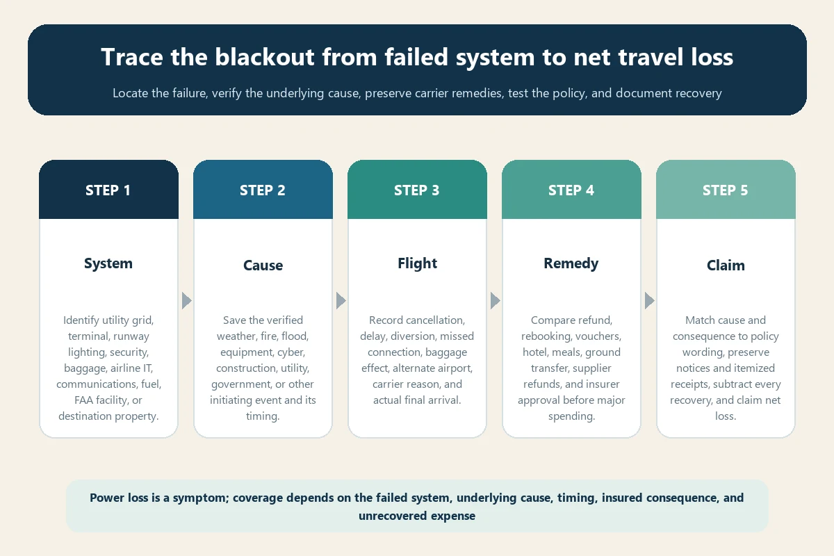 Airport power outage travel insurance evidence workflow
