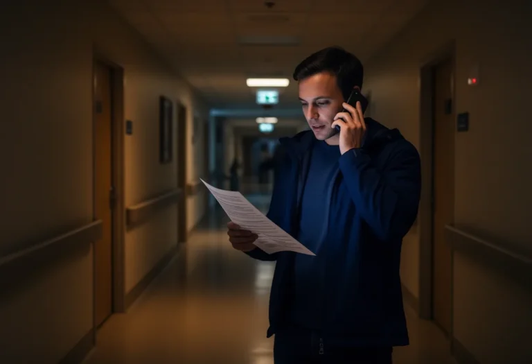 Traveller making a phone call in a hospital corridor at night while holding documents