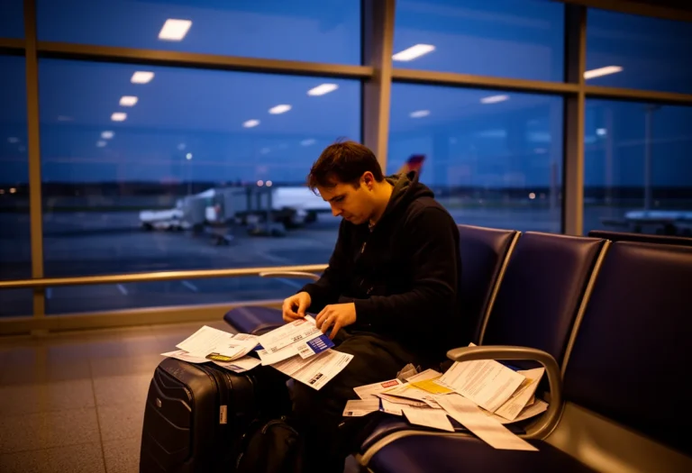 Traveler at an airport gate reviewing travel paperwork beside a carry-on bag in evening light