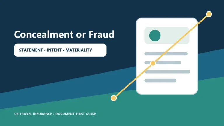 Traveler comparing receipts and claim records under a travel insurance concealment or fraud clause