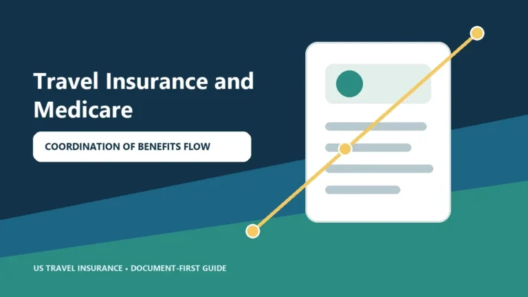 Senior traveler organizing Medicare Medigap and travel insurance claim documents