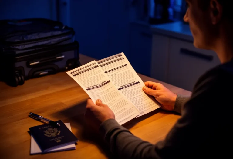 Person reading a printed insurance booklet at a kitchen table at dusk with a passport nearby