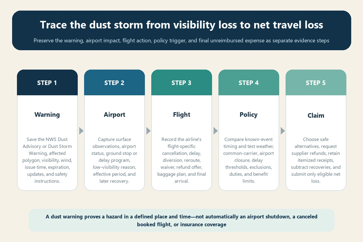 Dust storm flight cancellation travel insurance evidence workflow