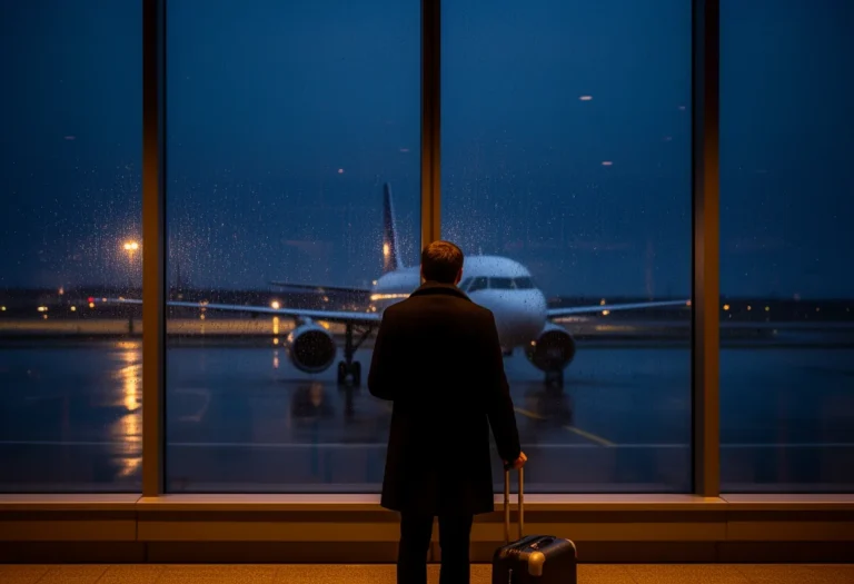 Traveler standing alone at a rain-streaked airport window at dusk with a carry-on bag beside them