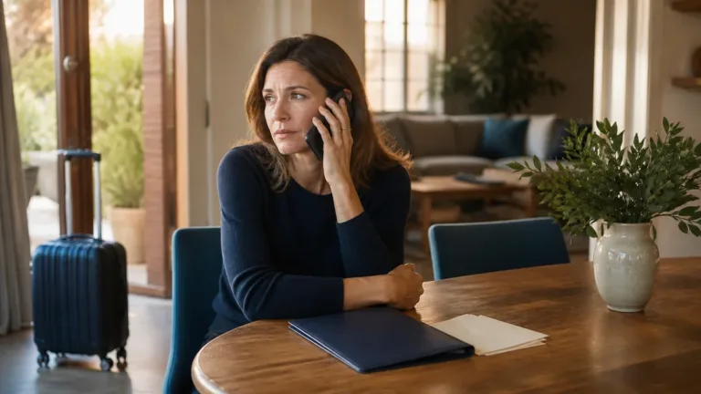 Traveler reviewing a family medical call beside trip cancellation records