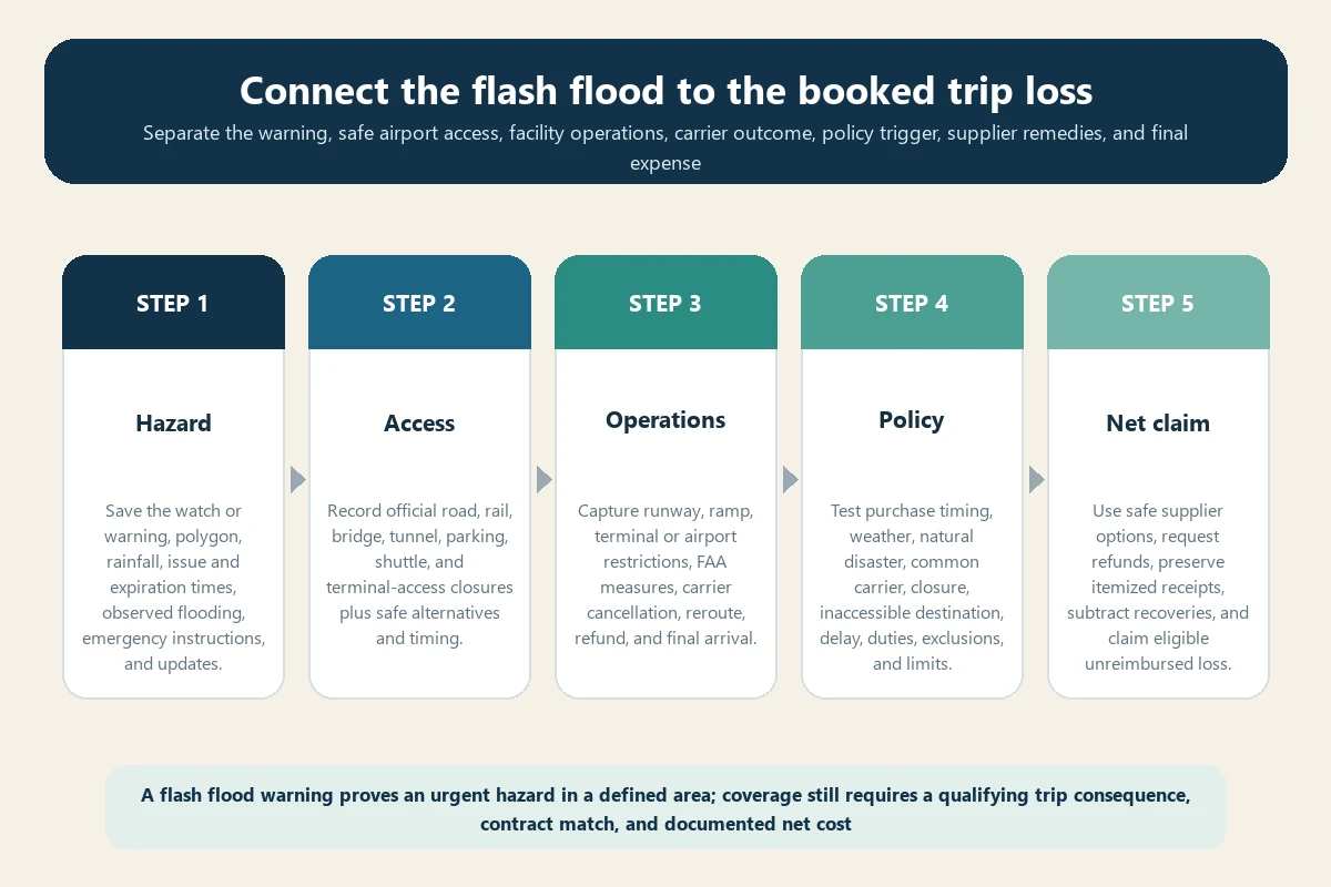 Flash flood flight cancellation travel insurance evidence workflow