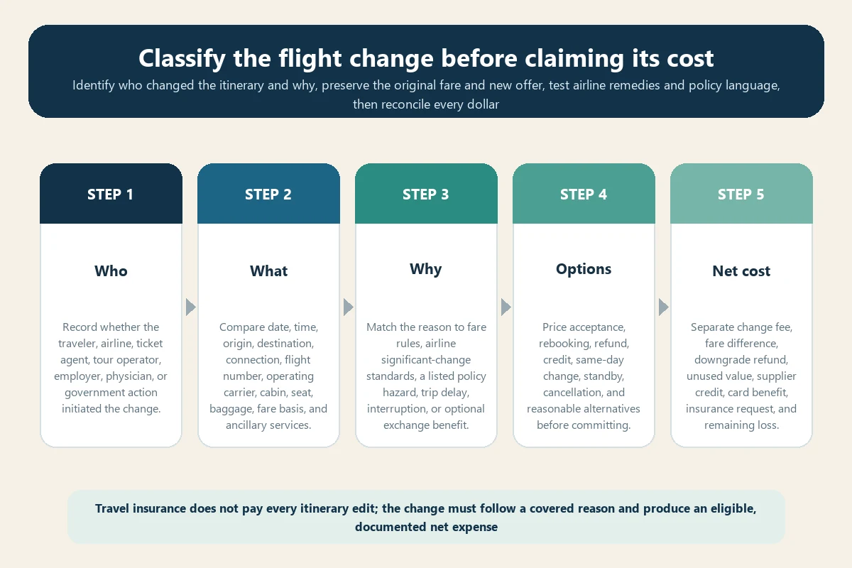 Travel insurance flight change coverage decision flow