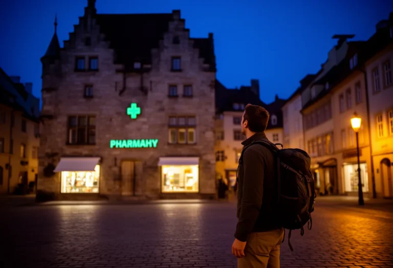 Traveller with a backpack on a European cobbled street at dusk facing lit buildings across a square