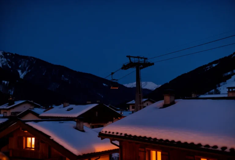 Snow-covered French alpine village at blue hour with lit windows and a chairlift against dark peaks