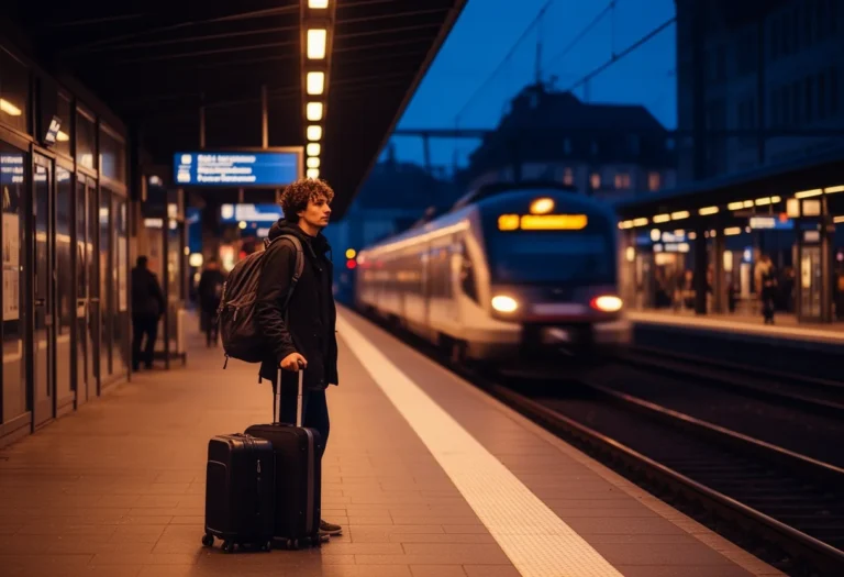 Traveler with luggage waiting on a German railway station platform in early evening
