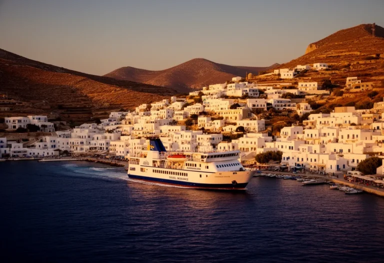 Passenger ferry arriving at a small Greek island harbour in late afternoon light