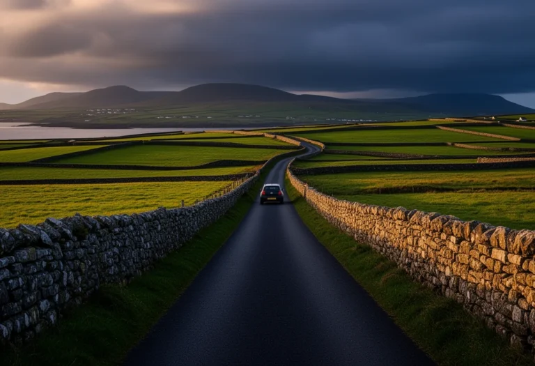 Stone-walled country road on the west coast of Ireland under changing afternoon light