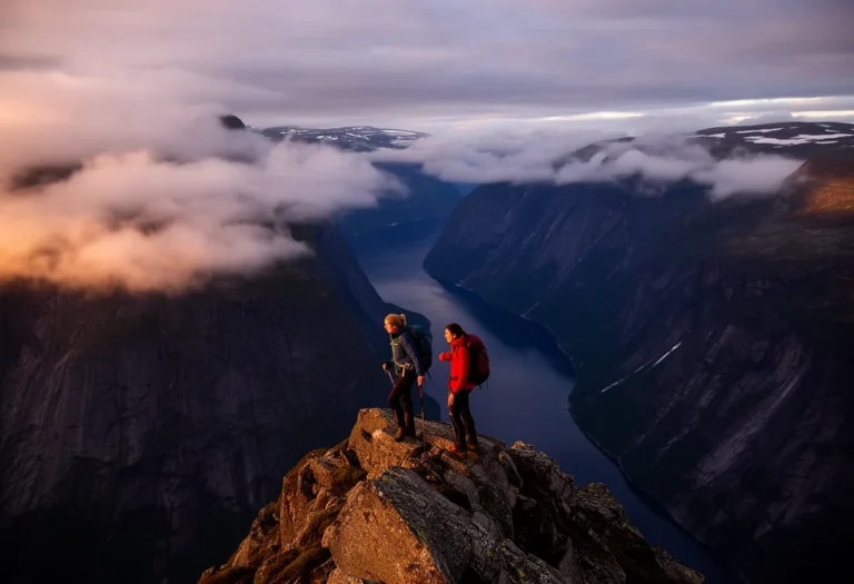 Hikers on an exposed ridge above a Norwegian fjord in late afternoon light
