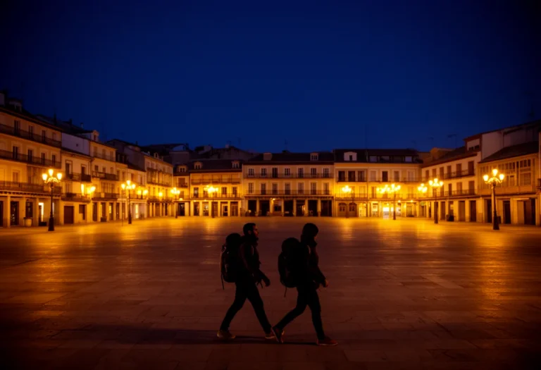 Travelers with backpacks crossing a Spanish plaza at dusk under warm street lamps and a deep blue sky