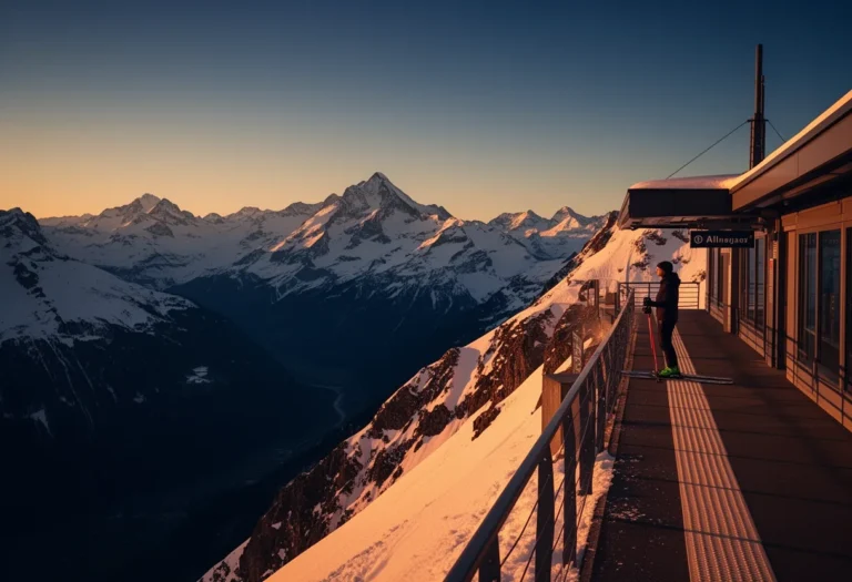 Mountain station on a snow covered Swiss alpine ridge with a skier looking across the valley