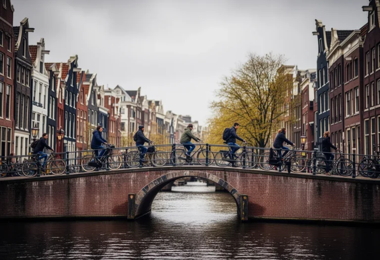 Cyclists crossing a canal bridge in a Dutch city on an overcast morning
