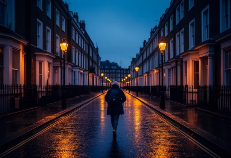 Traveller walking along a rain-slicked British street at dusk lined with Victorian terraced buildings
