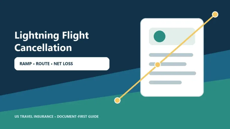 Traveler reviewing a lightning flight cancellation and travel insurance documents