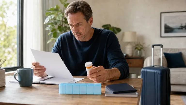 Traveler reviewing medication records beside a travel insurance certificate