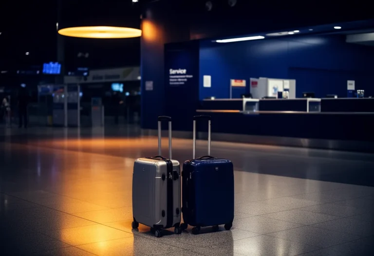 Two suitcases standing alone on a terminal floor at night beside an empty airline service desk area.