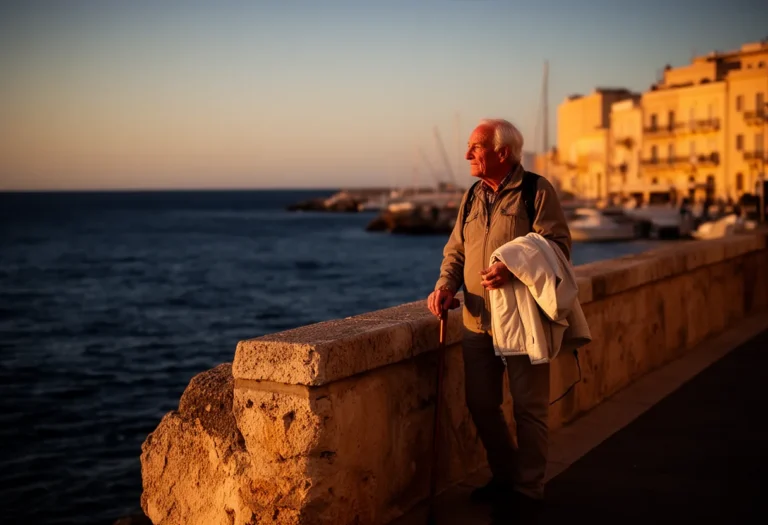 An older traveller with a walking stick on a Mediterranean waterfront promenade at golden hour, sea softly blurred behind.