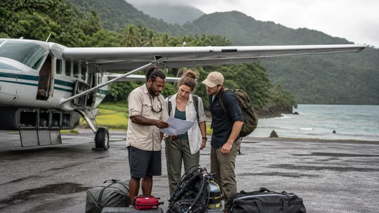 U.S. travelers reviewing a Papua New Guinea expedition route near a coastal airstrip