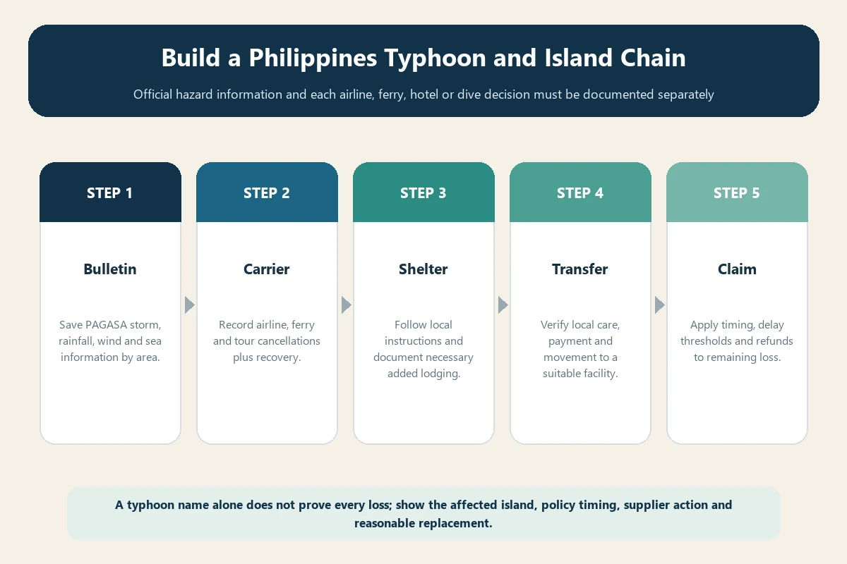 Philippines travel insurance typhoon and island chain from official bulletin to claim evidence