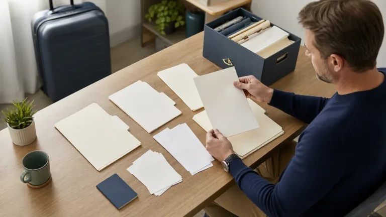 Traveler organizing medical records, receipts and insurance claim forms