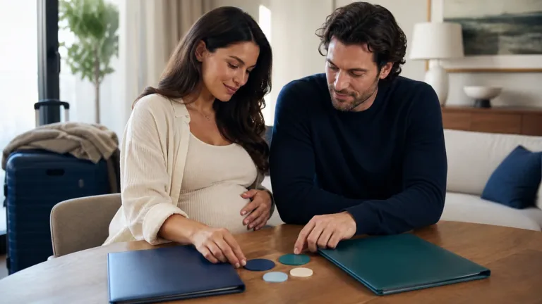 Pregnant traveler reviewing a trip insurance certificate with a companion