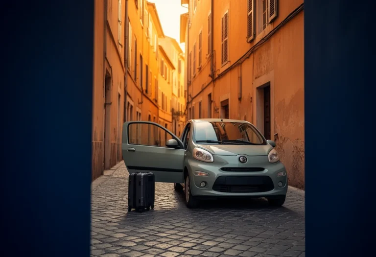 A small rental car parked on a narrow cobbled European street in warm late afternoon light