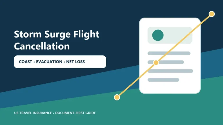 Traveler reviewing storm surge flight cancellation and travel insurance evidence