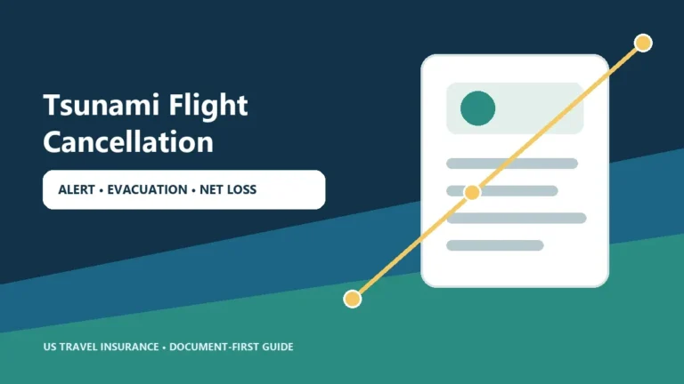 Traveler reviewing tsunami flight cancellation and travel insurance evidence