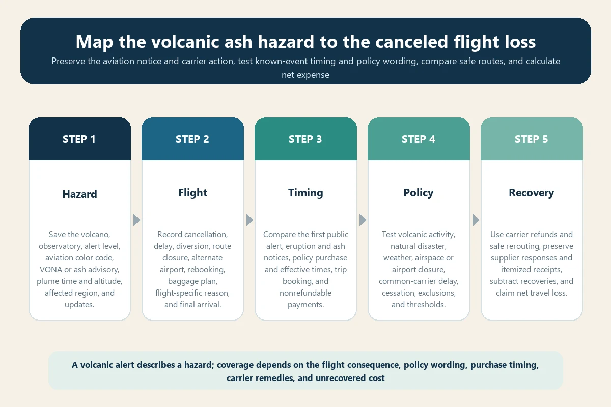 Volcanic ash flight cancellation travel insurance evidence workflow