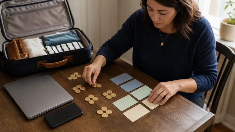 Traveler totaling trip deposits and insurance documents beside a laptop