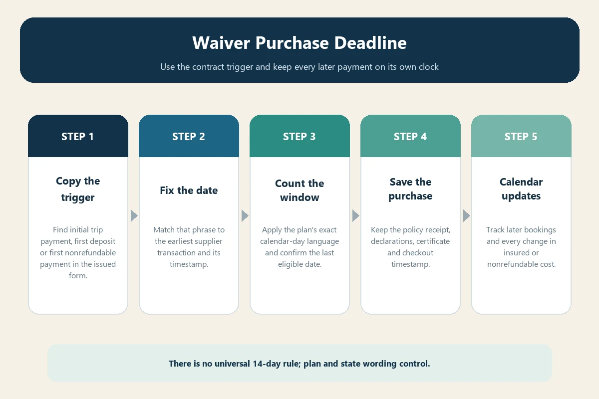Five-step travel insurance waiver purchase deadline decision flow
