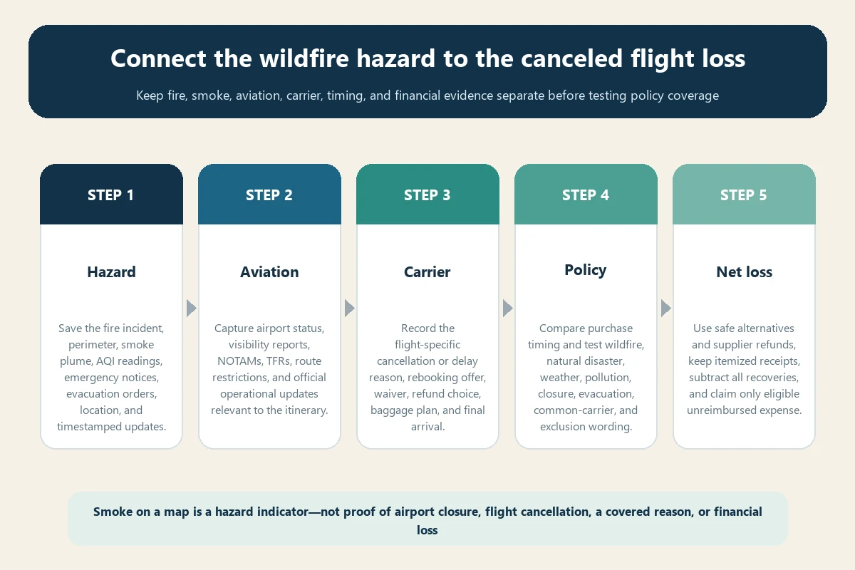 Wildfire smoke flight cancellation travel insurance evidence workflow