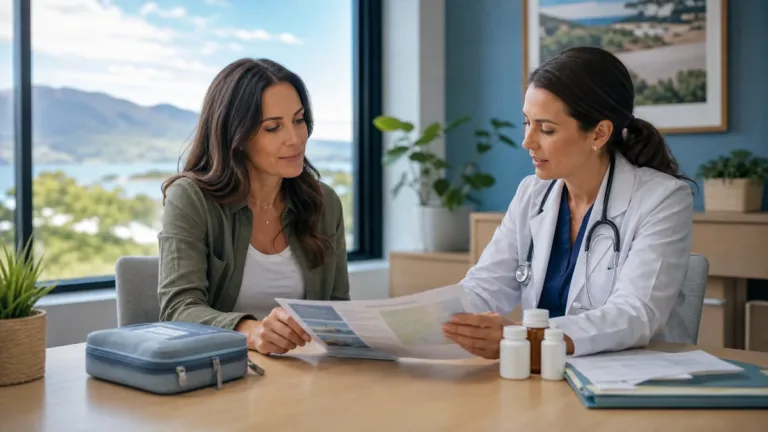 Traveler with an autoimmune condition reviewing medicine and trip plans with a clinician