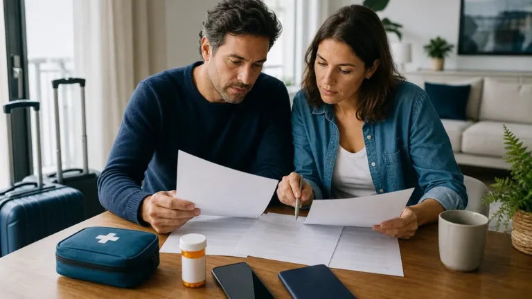 Travelers comparing medical benefit documents before an international trip