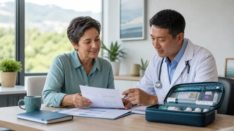 Cancer survivor discussing travel plans and a medical history summary with a clinician