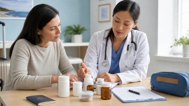 Traveler reviewing an organized supply of prescribed medicine with a clinician before an international trip