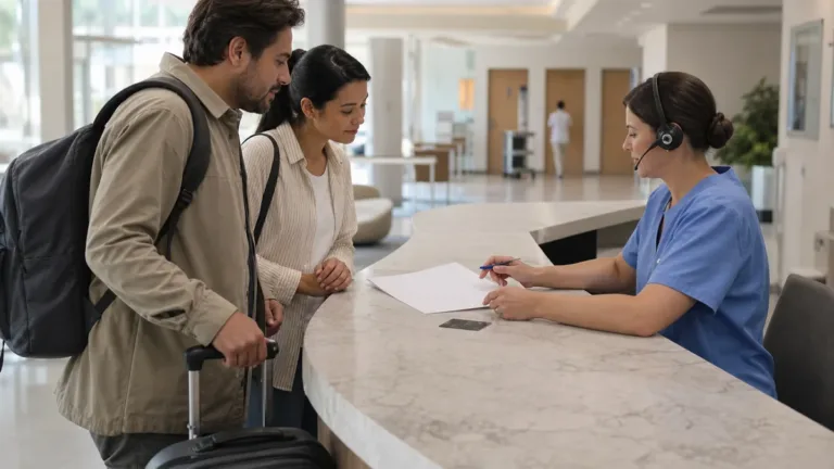 International traveler and hospital coordinator reviewing a blank payment authorization at a clinic reception desk