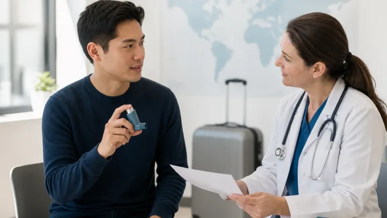 Traveler with an inhaler speaking with a clinician before an international journey
