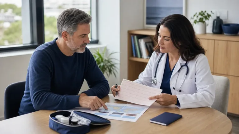 Traveler discussing heart health records and an upcoming international trip with a cardiology clinician