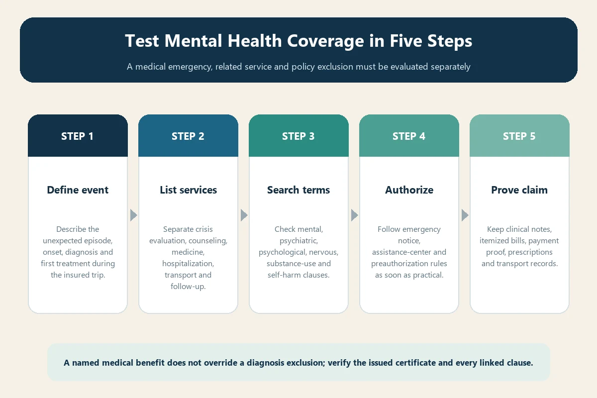 Mental health coverage decision path from event and service through exclusions, authorization and evidence