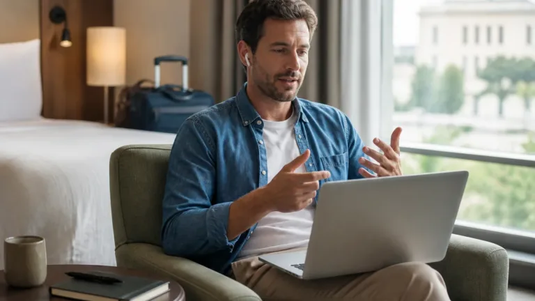Traveler having a calm telehealth conversation in a private hotel room abroad
